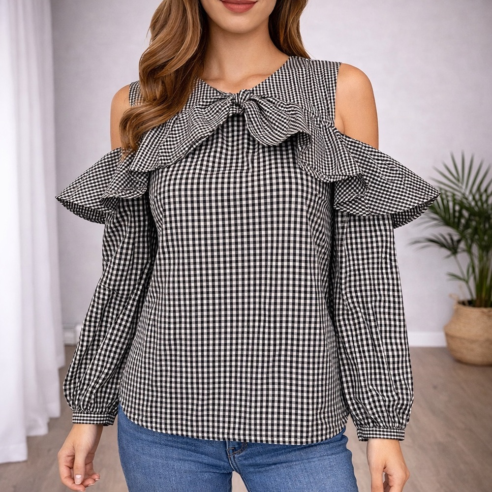 Lauren Ralph Lauren Black & White Gingham Ruffle Cold-Shoulder Blouse - Size L